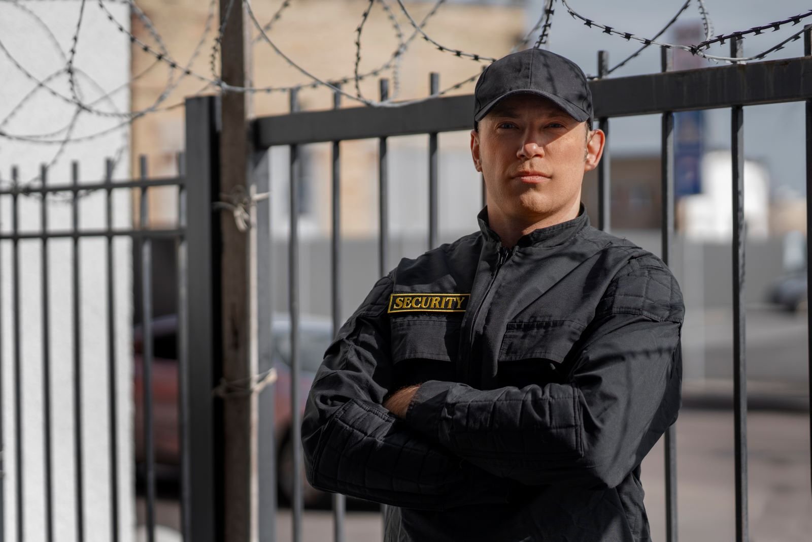 portrait-male-security-guard-with-barbed-wire-fence
